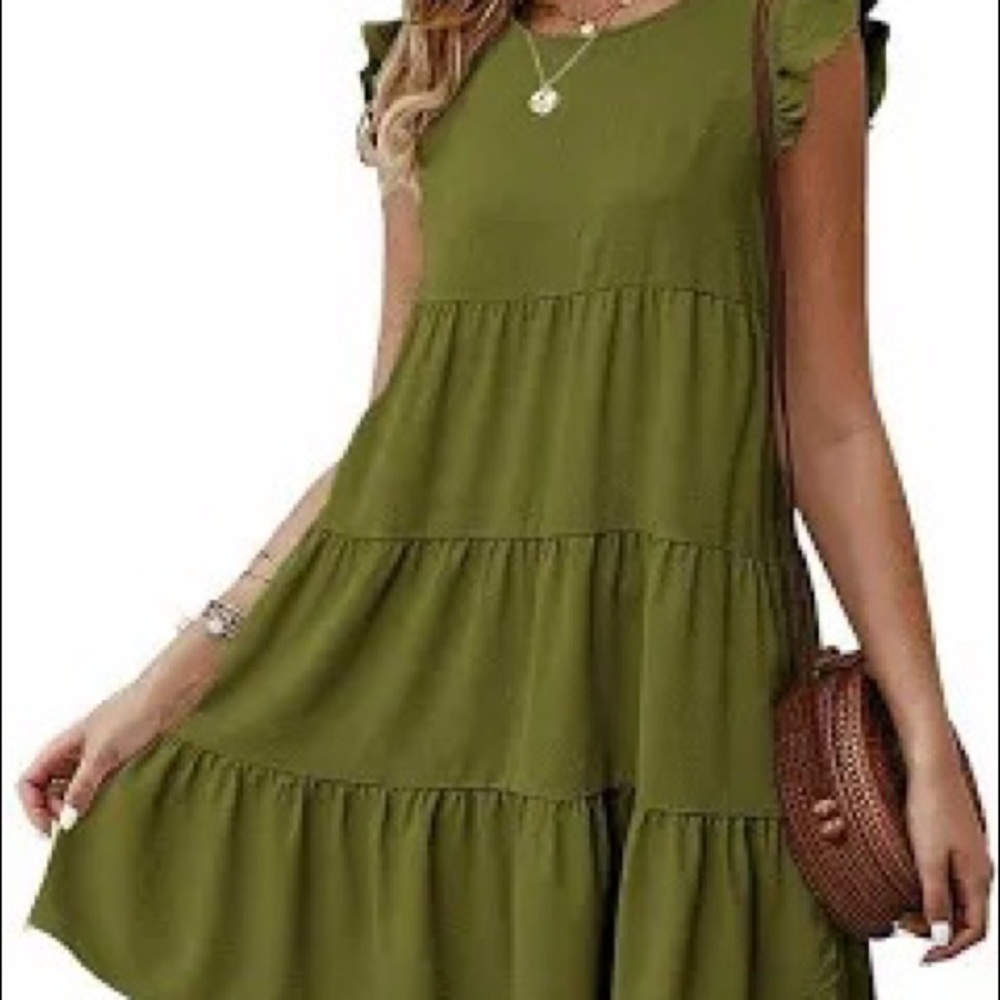 NWT Kirundo Army Green Tiered Ruffle Short Sleeve Summer Mini Dress Size…